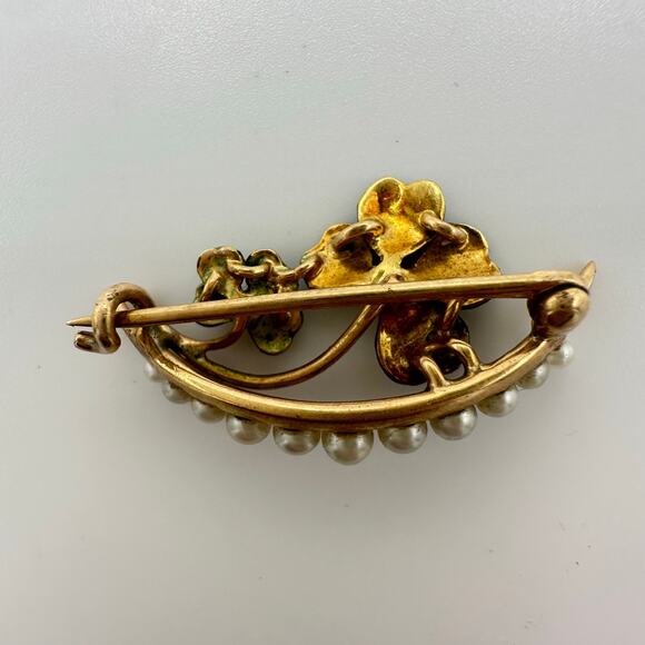 Antique Victorian solid 14kt gold seed pearls precious gems 4 leaf clover brooch - Picture 6 of 10